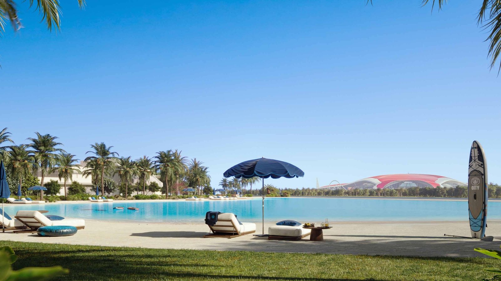 Aerial view of Manchester City Yas Residences Yas Island showing luxury villas, townhouses, and waterfront masterplan.